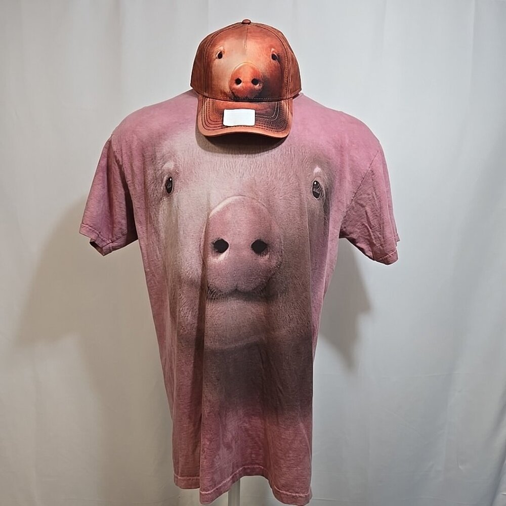The Mountain Pig Head T-Shirt and Hat Mens Size Large Tie Dyed Pink Farm Animal